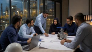 مشاور صنعتی در حال بررسی پروژه و نقشه‌های مهندسی