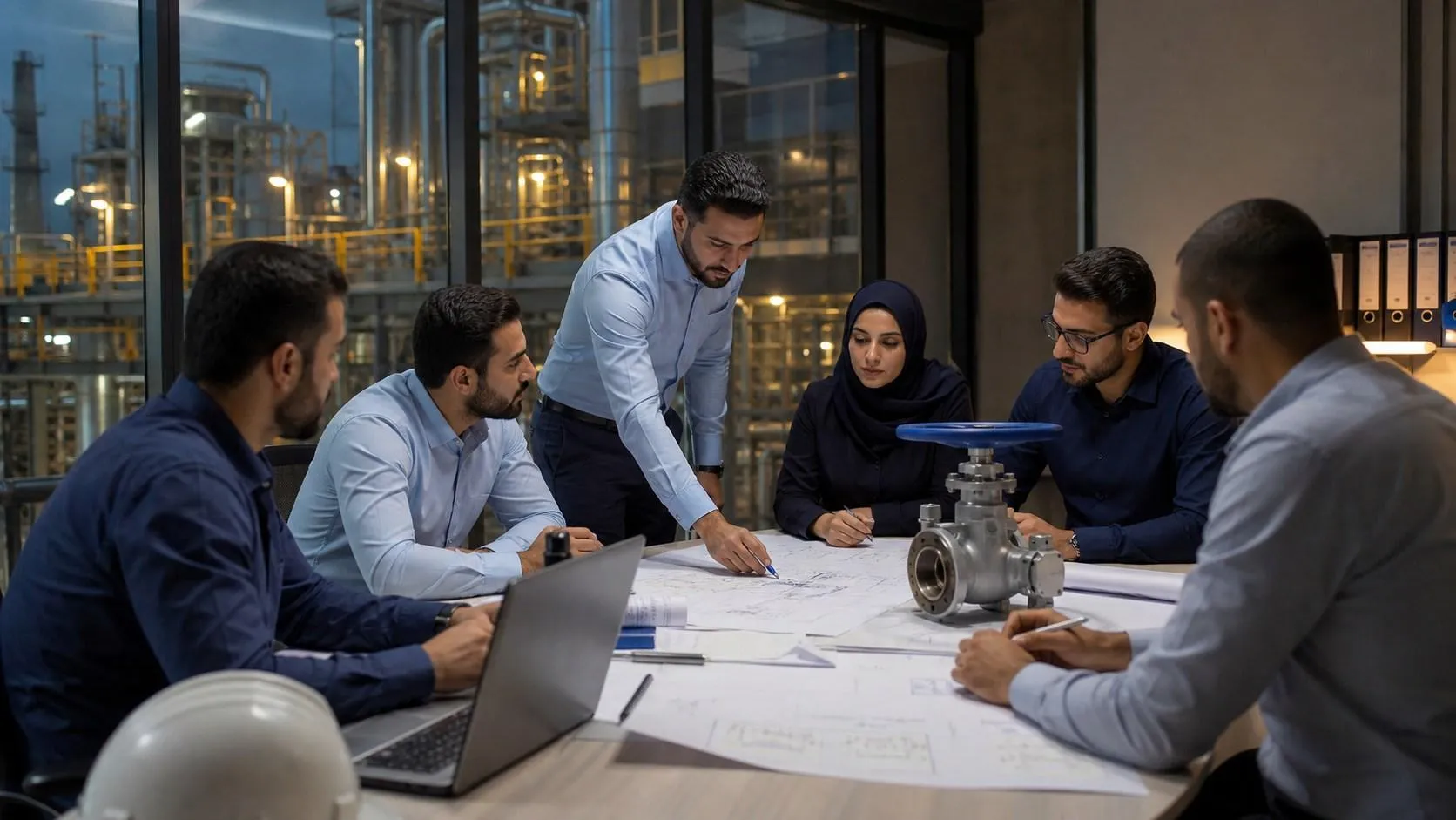 مشاور صنعتی در حال بررسی پروژه و نقشه‌های مهندسی